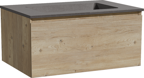 Storke Edge zwevend badmeubel 75 x 52 cm ruw eiken met Scuro enkele wastafel in kwarts mat zwart