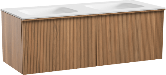 Balmani Forma zwevend badkamermeubel 135 x 55 cm teak met Tablo Arcato dubbele wastafel in solid surface mat wit, Verticale symmetrische rechte ribbel