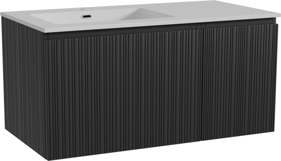 Storke Ribs zwevend badmeubel 100 x 52 cm zwart eiken met Diva asymmetrisch linkse wastafel in composietmarmer hoogglans wit, Verticale asymmetrische rechte ribbel