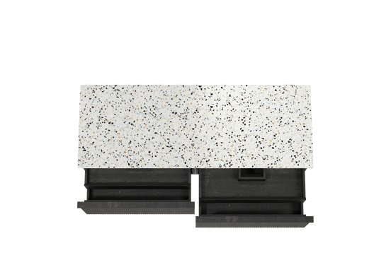 Balmani Forma zwevend badmeubel 150 x 55 cm zwart eiken met Stretto enkel of dubbel wastafelblad in mat wit/zwart terrazzo, Verticale symmetrische rechte ribbel