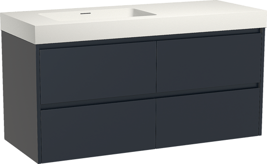 Storke Seda meuble salle de bains suspendu 130 x 52 cm bleu nuit avec Mata High vasque asymétrique gauche en solid surface blanc mat