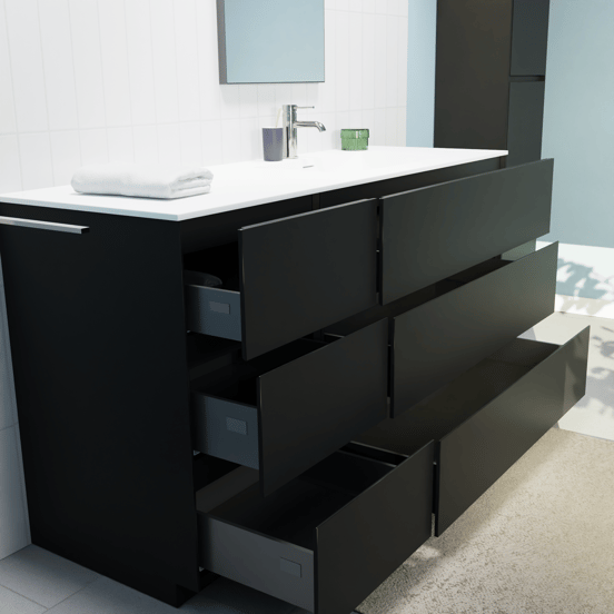 Storke Edge staand badmeubel 150 x 52 cm mat zwart met Mata asymmetrisch rechtse wastafel in solid surface mat wit