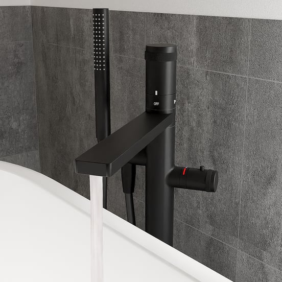 Blaufoss Sonic Thermostat freistehende Badewannenarmatur: Schwarz matt, mit Brausekopf