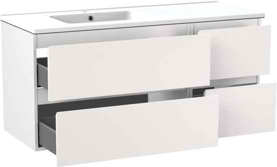 Linie Lado meuble salle de bains suspendu 120 x 46 cm blanc mat avec Vano plan vasque asymétrique à gauche en marbre composite blanc mat