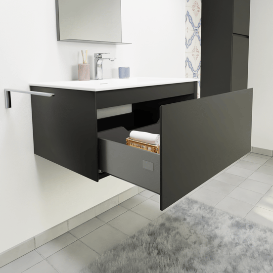 Storke Edge zwevend badmeubel 75 x 52 cm mat zwart met Mata enkele wastafel in solid surface mat wit