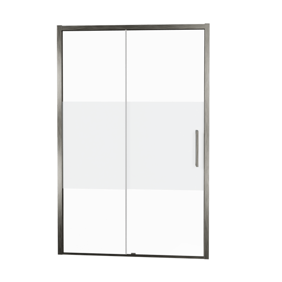 Balmani Senses Design Dusche Schiebetür, Links, 140 cm x 210 cm, Klarglas mit mattiertem Streifen, Profil Brushed GunMetal, inklusive Coating
