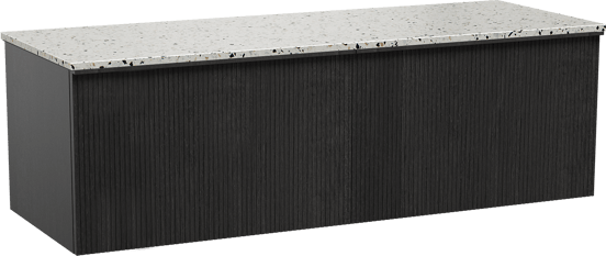 Balmani Forma zwevend badmeubel 150 x 55 cm zwart eiken met Stretto enkel of dubbel wastafelblad in mat wit/zwart terrazzo, Verticale symmetrische rechte ribbel