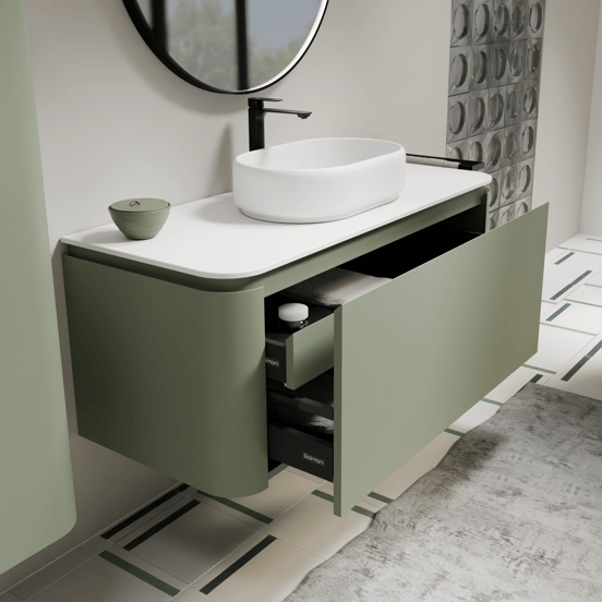 Balmani Moon meuble salle de bains suspendu 130 x 55 cm vert sauge avec Moon tablette simple ou double en solid surface blanc mat