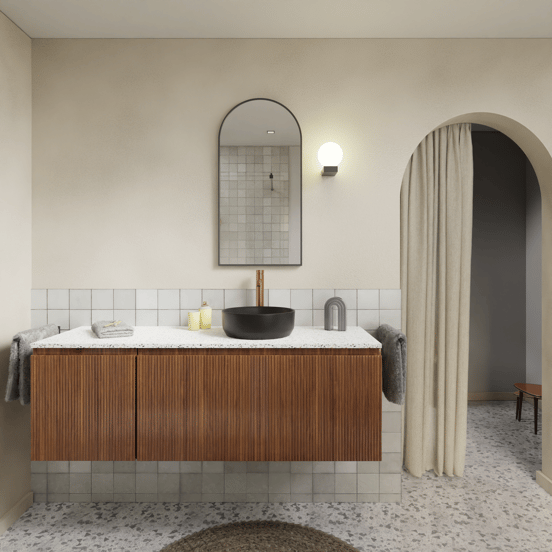 Storke Tavola enkel of dubbel wastafelblad mat wit/zwart terrazzo 150 x 52 cm