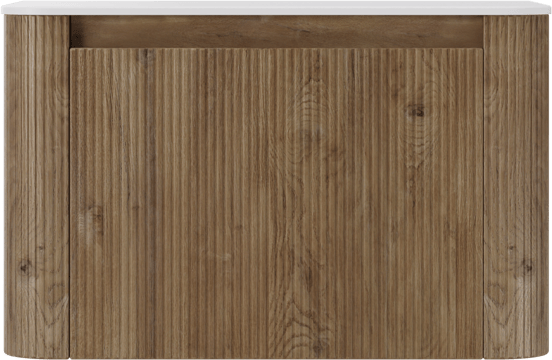 Storke Soft zwevend badkamermeubel 80 x 46 cm ruwe eik met Tavola Soft enkele tablet in solid surface mat wit, Verticale symmetrische rechte ribbel