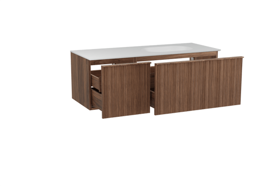 Balmani Forma zwevend badmeubel 135 x 55 cm amerikaans notenhout met Tablo Oval asymmetrisch rechtse wastafel in solid surface mat wit, Verticale asymmetrische ronde ribbel