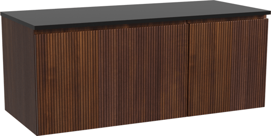 Storke Ribs zwevend badmeubel 120 x 52 cm notenhout met Panton enkel of dubbel wastafelblad in gepoedercoate mdf mat zwart, Verticale symmetrische rechte ribbel