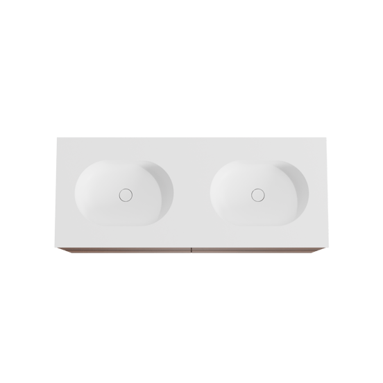 Balmani Mitra zwevend badmeubel 135 x 55 cm notenhout met Tablo Oval dubbele wastafel in solid surface mat wit