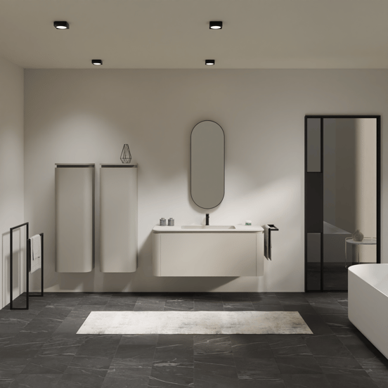 Balmani Moon hängendes Möbelstück Set: 130 x 55 cm, Seidengrau, mit Moon Einzelwaschtisch, Top Solid Seidengrau