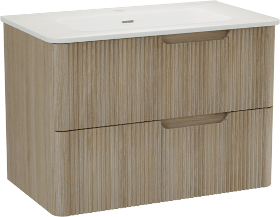 Linie Curvo meuble salle de bains suspendu 80 x 46 cm chêne clair avec Baro Curvo plan simple en porcelaine blanc brillant, Nervure circulaire symétrique verticale