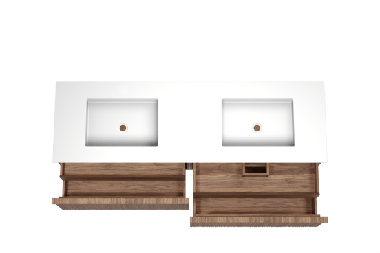 Balmani Forma hängendes Möbelstück Set: 180 x 55 cm, Amerikanischer Nussbaum, mit Tablo Stretto Doppelwaschtisch, Solid Surface, Weiß matt, Vertikale asymmetrische Runde Rippe