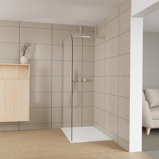 Balmani Modular inloopdouche: 120 x 200 cm, Helder glas afgerond, Glanzend chroom profielen