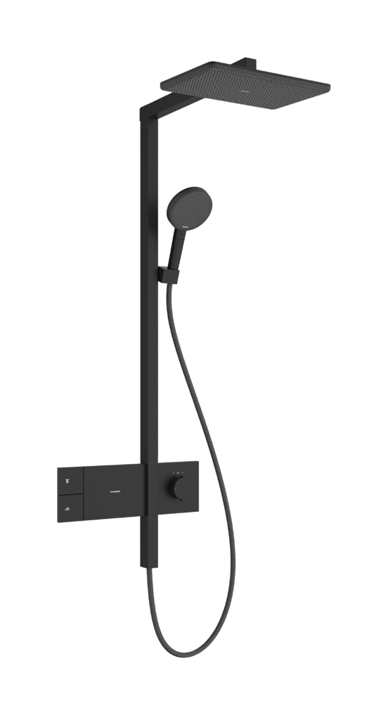 Hansgrohe Raindance Alive Q Showerpipe Duschsystem 210/340 1jet mit Ecosmart Showerselect Comfort, Schwarz Matt