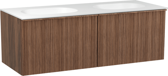 Balmani Forma zwevend badmeubel 135 x 55 cm amerikaans notenhout met Tablo Oval dubbele wastafel in solid surface mat wit, Verticale asymmetrische ronde ribbel