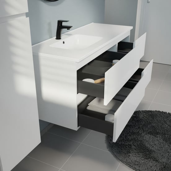 Linie Lado meuble salle de bains suspendu 120 x 46 cm blanc mat avec Vano plan vasque asymétrique à gauche en marbre composite blanc mat