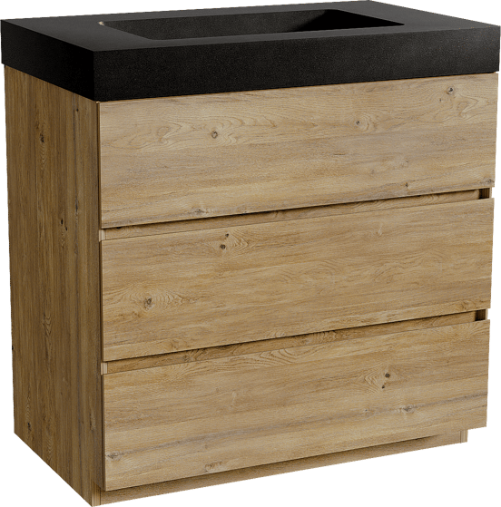 Storke Edge staand badkamermeubel 85 x 52 cm ruwe eik met Scuro High enkele wastafel in kwarts mat zwart