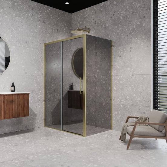 Balmani Senses Design douche d'angle avec porte coulissante à gauche et paroi latérale fixe, 160 x 100 cm, Verre miroir reflex, Profil Brushed Champagne Gold