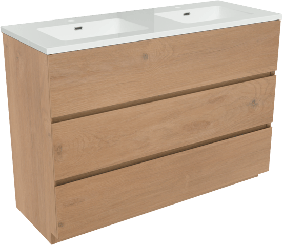 Storke Edge staand badmeubel 120 x 46 cm ruw eiken met Diva dubbele wastafel in composietmarmer hoogglans wit