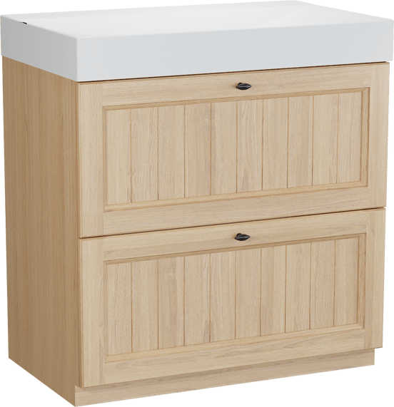 Balmani Lemon staand badkamermeubel 90 x 55 cm, fineer natuur eik met Wave enkele wastafel in mat wit