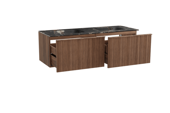 Balmani Forma meuble salle de bains suspendu 150 x 55 cm noyer américain avec Tablo Arcato double vasque en marbre portoro gold, Nervure circulaire asymétrique verticale