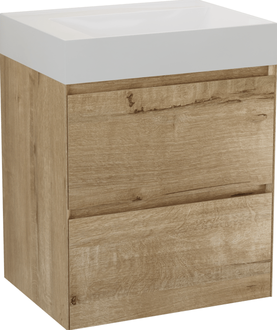 Balmani Mitra Compact hängendes Möbelstück Set: 60 x 46 cm, Eiche Rau, mit Argila Waschtisch rechts Marmorkomposit Weiβ glänzend