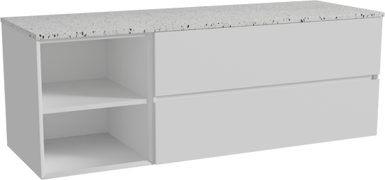 Storke Edge hängendes Möbelstück Set: 150 x 52 cm, Weiß matt, mit Tavola Einzel- oder Doppel Waschtischplatte, Terrazzo in Weiß/Schwarz matt