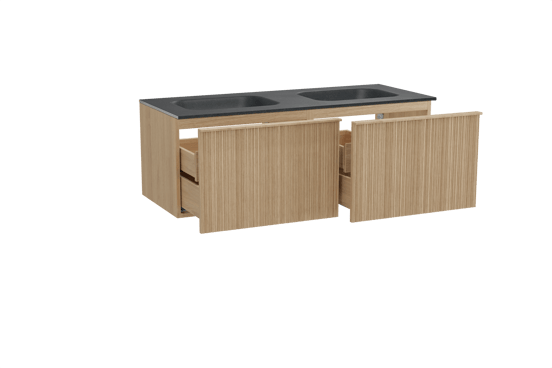 Balmani Forma meuble salle de bains suspendu 135 x 55 cm chêne naturel avec Tablo Arcato double vasque en granit noir, Nervure circulaire asymétrique verticale