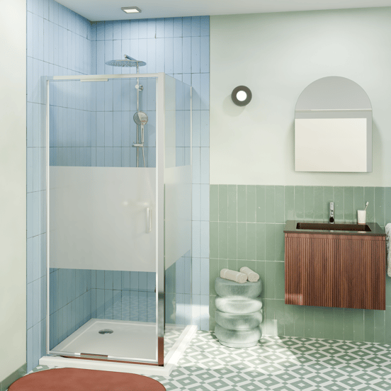 Luca Varess Vidor In douchehoek met draaideur en vaste zijwand 90 x 90 cm Helder glas met matte strook glans chroom profiel