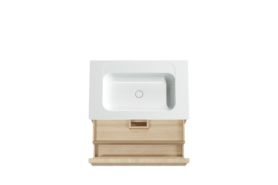 Balmani Forma hängendes Möbelstück Set: 90 x 55 cm, Naturbelassene Eiche, mit Tablo Strada Einzelwaschtisch, Marmorkomposit, Weiß glänzend, Vertikale asymmetrische Runde Rippe