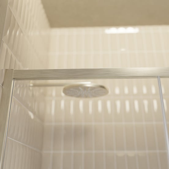 Balmani Senses Design Dusche Schiebetür, Links, 160 cm x 210 cm, Klarglas mit mattiertem Streifen, Profil Brushed CoolMetal