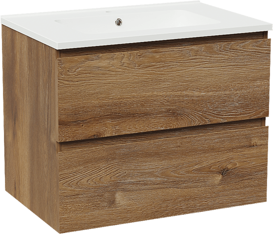 Linie Lado zwevend badmeubel 70 x 46 cm bruin eiken met Vano enkele wastafel in composietmarmer mat wit