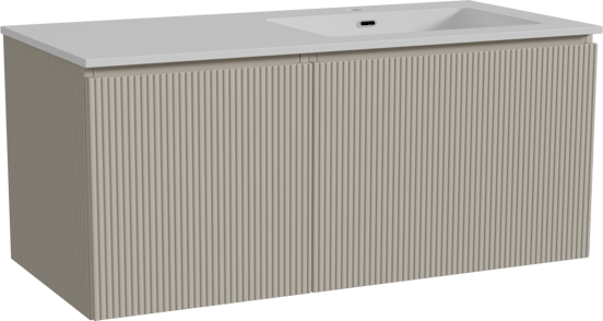 Storke Ribs zwevend badmeubel 110 x 52 cm zijdegrijs met Diva asymmetrisch rechtse wastafel in composietmarmer hoogglans wit, Verticale symmetrische rechte ribbel