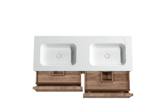 Balmani Forma hängendes Möbelstück Set: 150 x 55 cm, Amerikanischer Nussbaum, mit Tablo Strada Doppelwaschtisch, Marmorkomposit, Weiß glänzend, Vertikale asymmetrische Runde Rippe