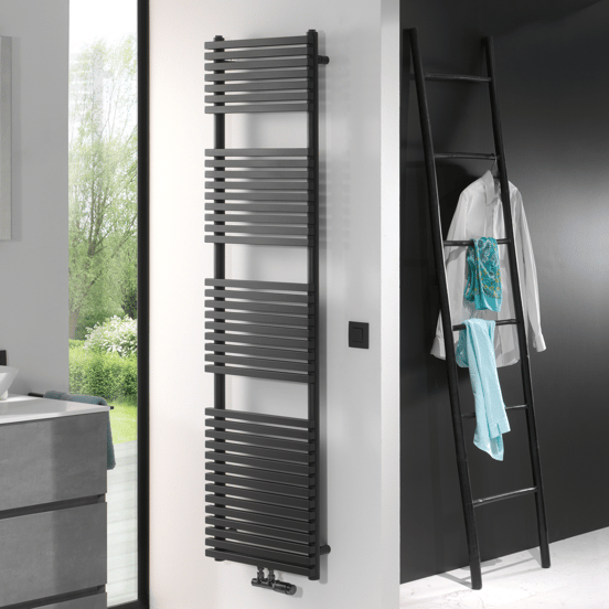 Vipera Vesuvio enkele handdoekradiator 50 x 180 cm elektrische verwarming mat zwart zij- en middenaansluiting 1.205W, weerstand inbegrepen