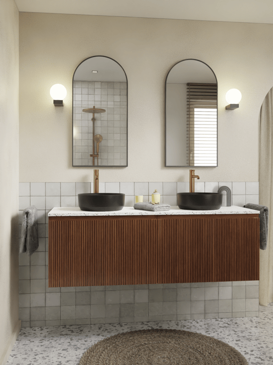 Storke Ribs zwevende wastafelonderkast 75 x 52 cm notenhout 2 lades