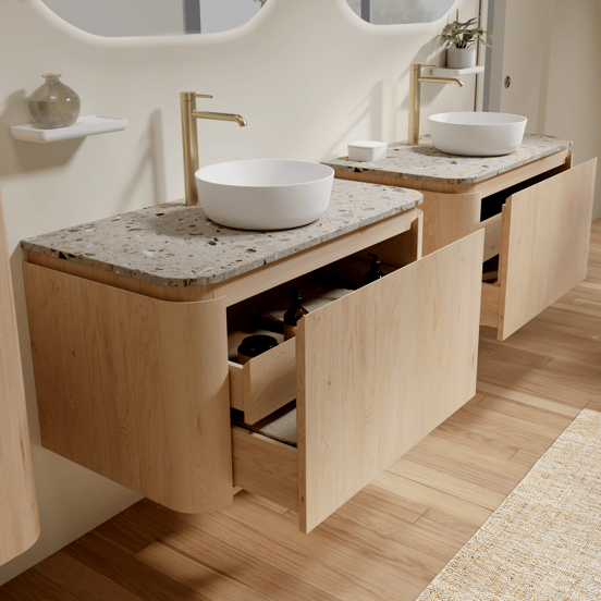 Balmani Moon hängendes Möbelstück Set: 100 x 55 cm, Naturbelassene Eiche, mit Moon Einzel Waschtischplatte, Terrazzo in Greige