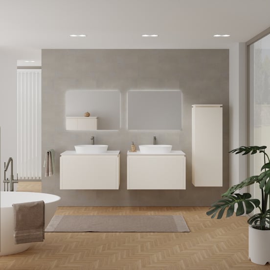 Balmani Eclips hängendes Möbelstück Set: 90 x 55 cm, Sandbeige, mit Eclips Einzel Waschtischplatte Solid Surface Weiβ matt