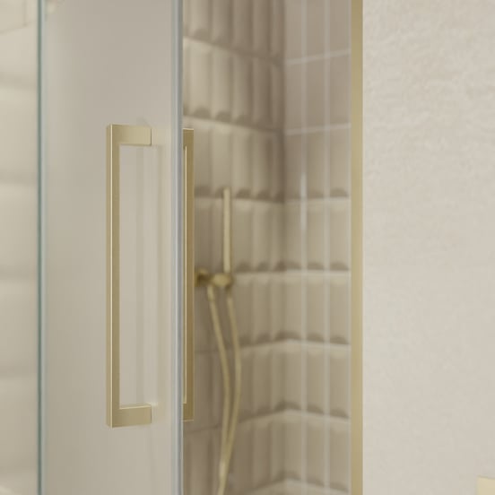 Balmani Senses Design porte pivotante à gauche 100 cm x 210 cm verre transparent avec bande matte, Profil Brushed Champagne Gold