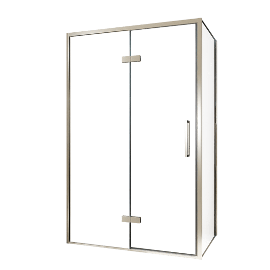 Balmani Senses Design douche en coin avec porte pivotante à gauche et paroi latérale fixe, 120 x 70 cm, Verre transparent, Profil Brushed CoolMetal, coating inclus