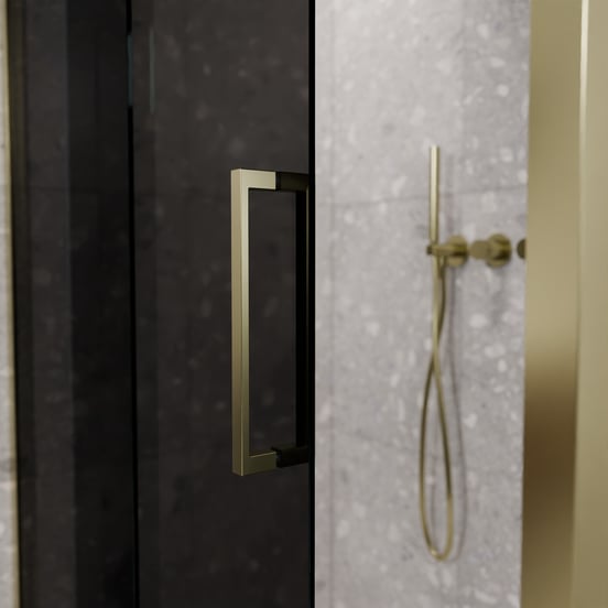 Balmani Senses Design douchehoek met linkse schuifdeur en vaste zijwand, 120 x 90 cm, Rookglas, Brushed Champagne Gold profielen