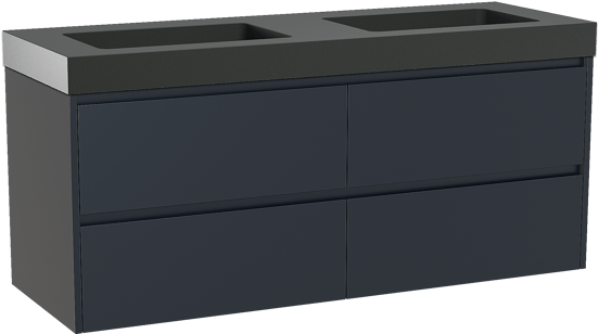 Storke Seda zwevend badkamermeubel 150 x 52 cm nachtblauw met Scuro High dubbele wastafel in kwarts mat zwart