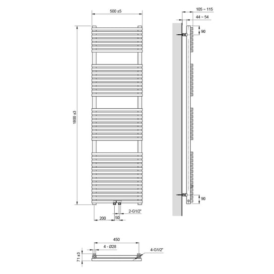 Vipera Vesuvio enkele handdoekradiator 50 x 180 cm elektrische verwarming mat zwart zij- en middenaansluiting 1.205W, weerstand inbegrepen