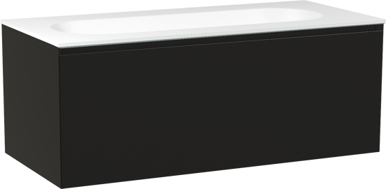 Balmani Idra zwevend badmeubel 120 x 55 cm mat zwart met Tablo Oval enkele wastafel voor 2 kraangaten in solid surface mat wit