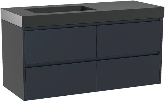 Storke Seda meuble salle de bains suspendu 130 x 52 cm bleu nuit avec Scuro High vasque asymétrique gauche en quartz noir mat