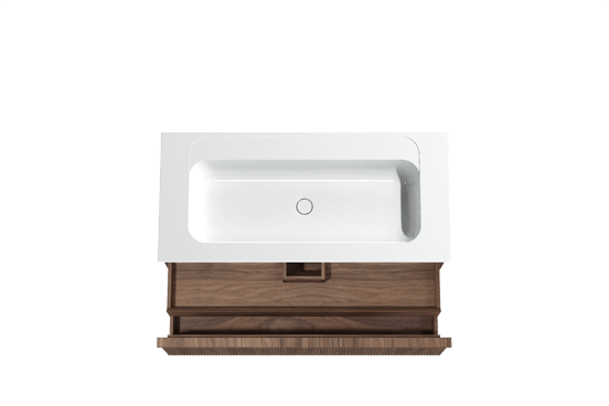 Balmani Forma zwevend badmeubel 120 x 55 cm amerikaans notenhout met Tablo Strada enkele wastafel in composietmarmer hoogglans wit, Verticale symmetrische rechte ribbel